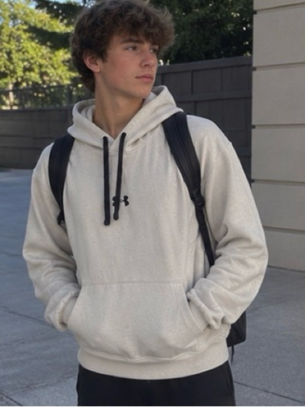 Under Armour Men's Cream Hoodie with Black Drawcords